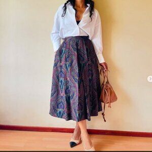 Vintage 80s Bohemian Pleated Folk High waist Skirt Floral Print Cottagecore Midi